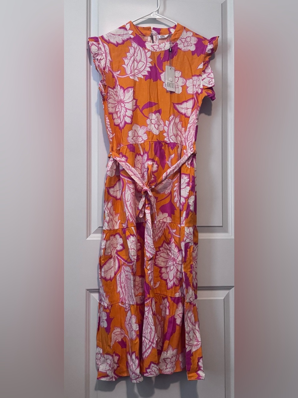 Kaktus Orange Floral Tie-Waist Midi Dress